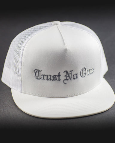 Trust No One Flat Bill White Grey Silver Lettering Sticking Trucker Mesh Snap Back Snapback Hat Cap Ballcap 