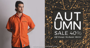 Huge Sale On Men's Orange Mechanic Shirts 40% Off Now Until They Are All Gone