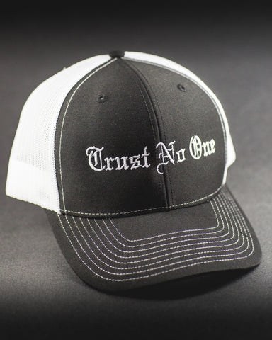 Trust No One Black with white stitching Lettering Trucker Mesh Snap Back Snapback Hat Cap Ballcap 