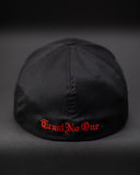 Trust No One Fitted Curved Bill Hat Black TN1 Fitness Clothing Gym Wear Athletic Apparel Hats Red Stitching Flat Bill