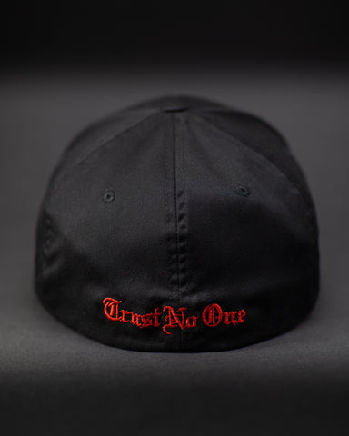Trust No One Fitted Curved Bill Hat Black TN1 Fitness Clothing Gym Wear Athletic Apparel Hats Red Stitching Flat Bill