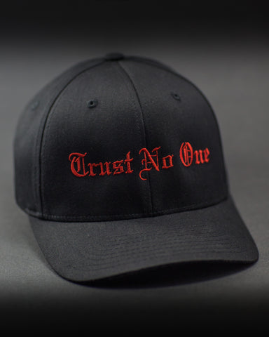 Trust No One Fitted Curved Bill Hat Black TN1 Fitness Clothing Gym Wear Athletic Apparel Hats Red Stitching Curved Bill