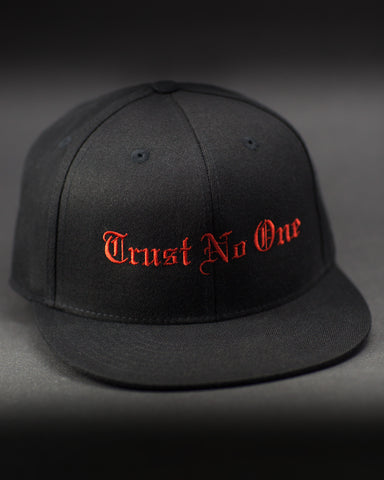 Trust No One Fitted Curved Bill Hat Black TN1 Fitness Clothing Gym Wear Athletic Apparel Hats Red Stitching Flat Bill