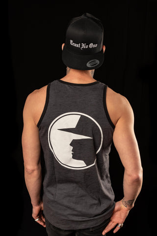 Men's Face of Trust No One Burnout Tank Top - Charcoal Black